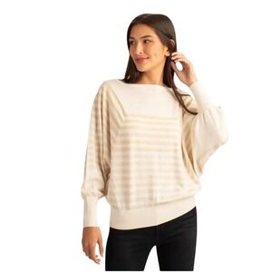 Trina Turk Cream Gold Glitter Stripe Dolman Sleeve Merino Wool Blend Sweater XS